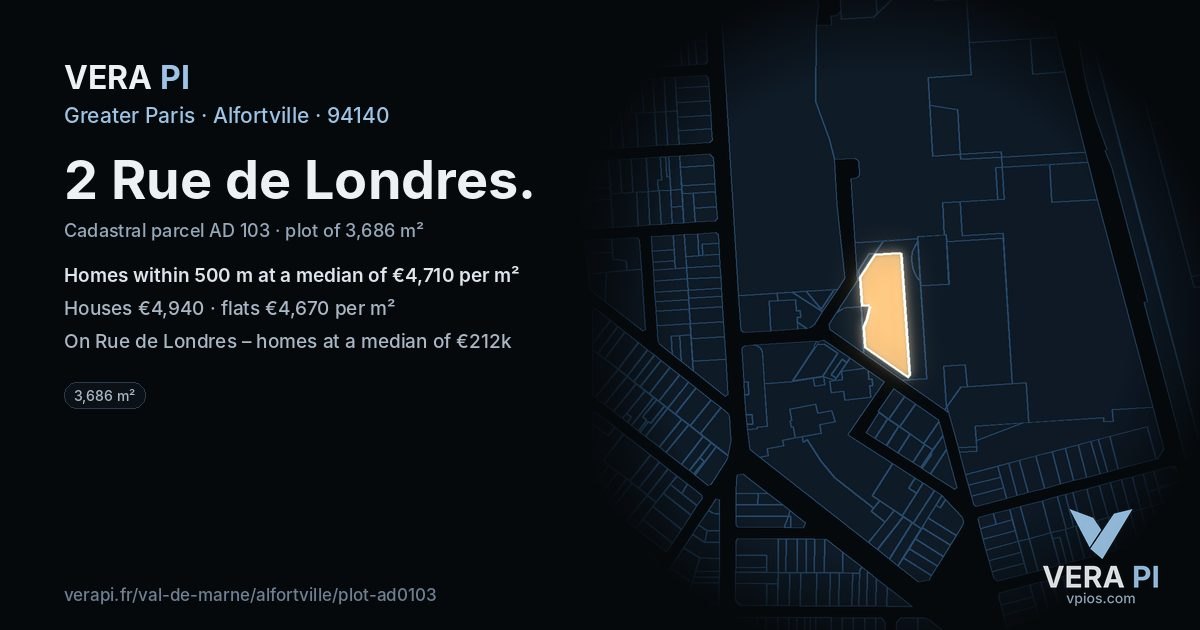 2 Rue de Londres, Alfortville at night – the plot lit, the parcels around coloured by the prices near them