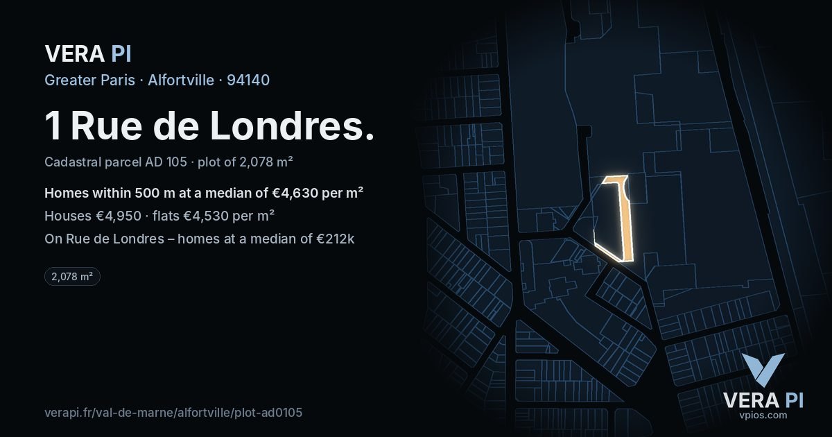 1 Rue de Londres, Alfortville at night – the plot lit, the parcels around coloured by the prices near them