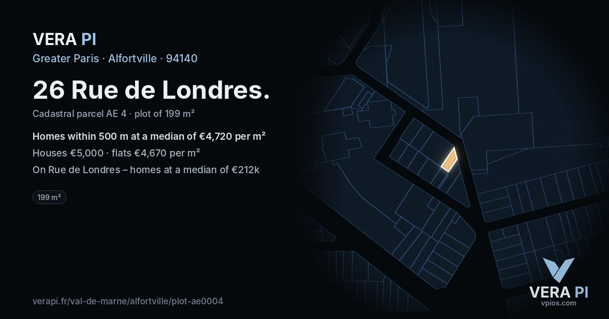26 Rue de Londres, Alfortville at night – the plot lit, the parcels around coloured by the prices near them