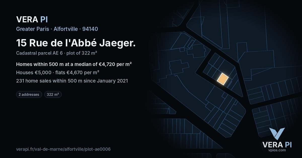 15 Rue de l'Abbé Jaeger, Alfortville at night – the plot lit, the parcels around coloured by the prices near them
