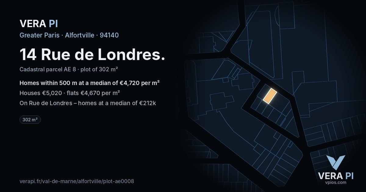 14 Rue de Londres, Alfortville at night – the plot lit, the parcels around coloured by the prices near them
