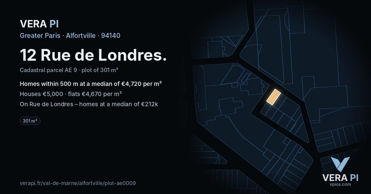 12 Rue de Londres, Alfortville at night – the plot lit, the parcels around coloured by the prices near them