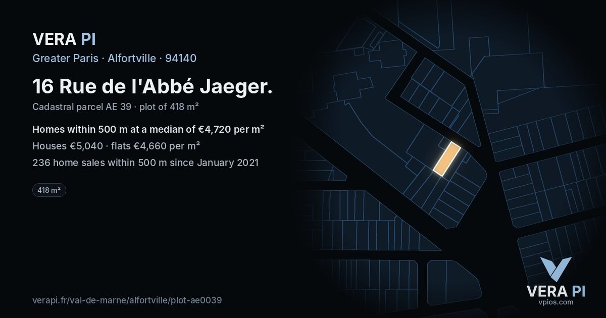 16 Rue de l'Abbé Jaeger, Alfortville at night – the plot lit, the parcels around coloured by the prices near them