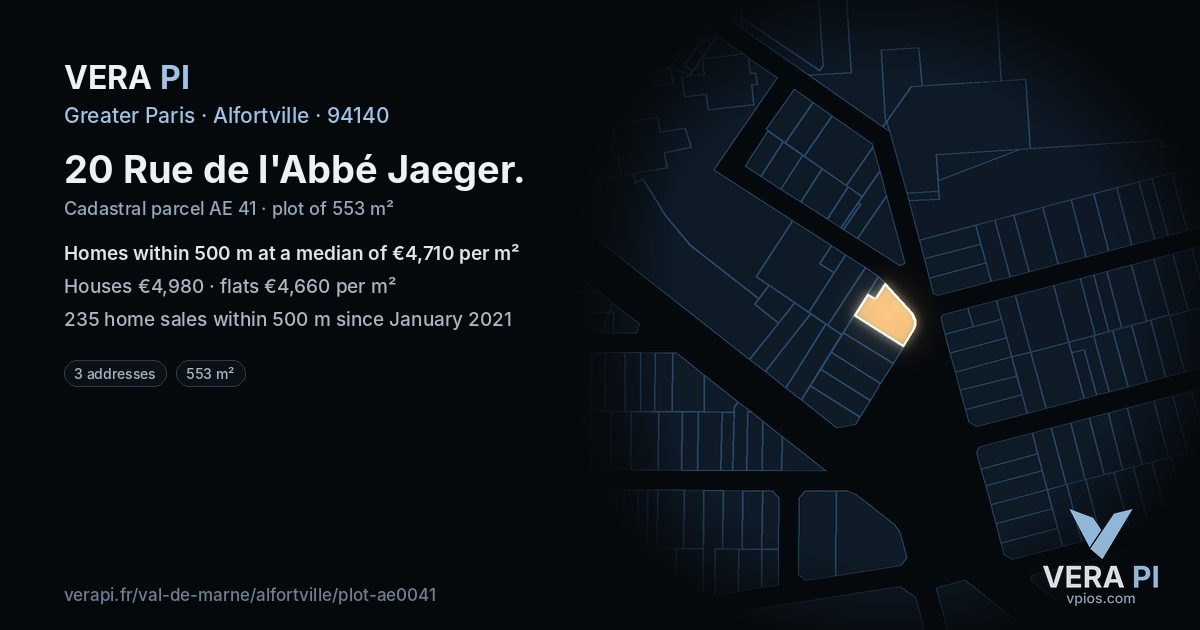20 Rue de l'Abbé Jaeger, Alfortville at night – the plot lit, the parcels around coloured by the prices near them