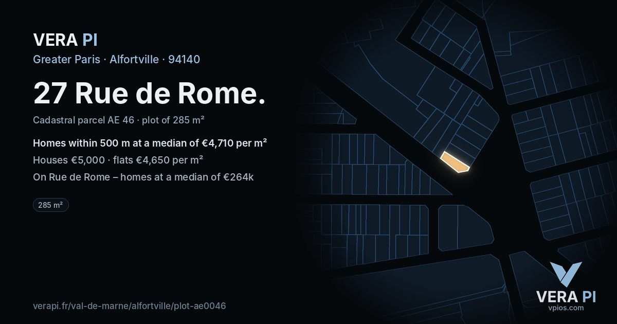 27 Rue de Rome, Alfortville at night – the plot lit, the parcels around coloured by the prices near them