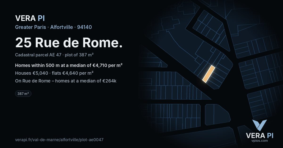 25 Rue de Rome, Alfortville at night – the plot lit, the parcels around coloured by the prices near them