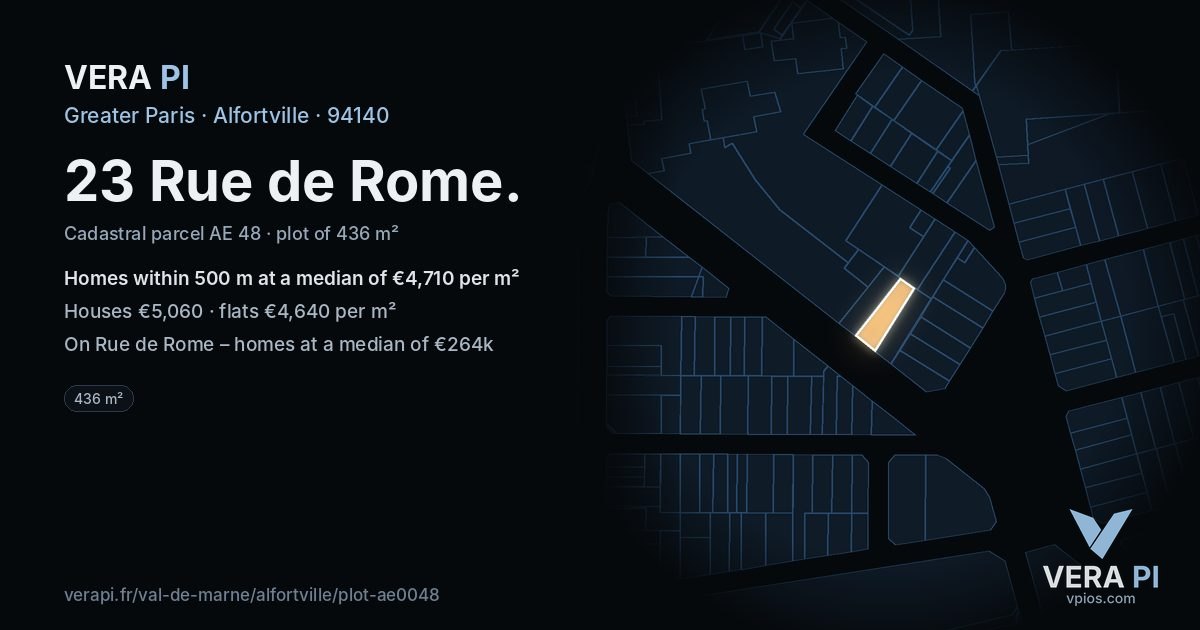 23 Rue de Rome, Alfortville at night – the plot lit, the parcels around coloured by the prices near them