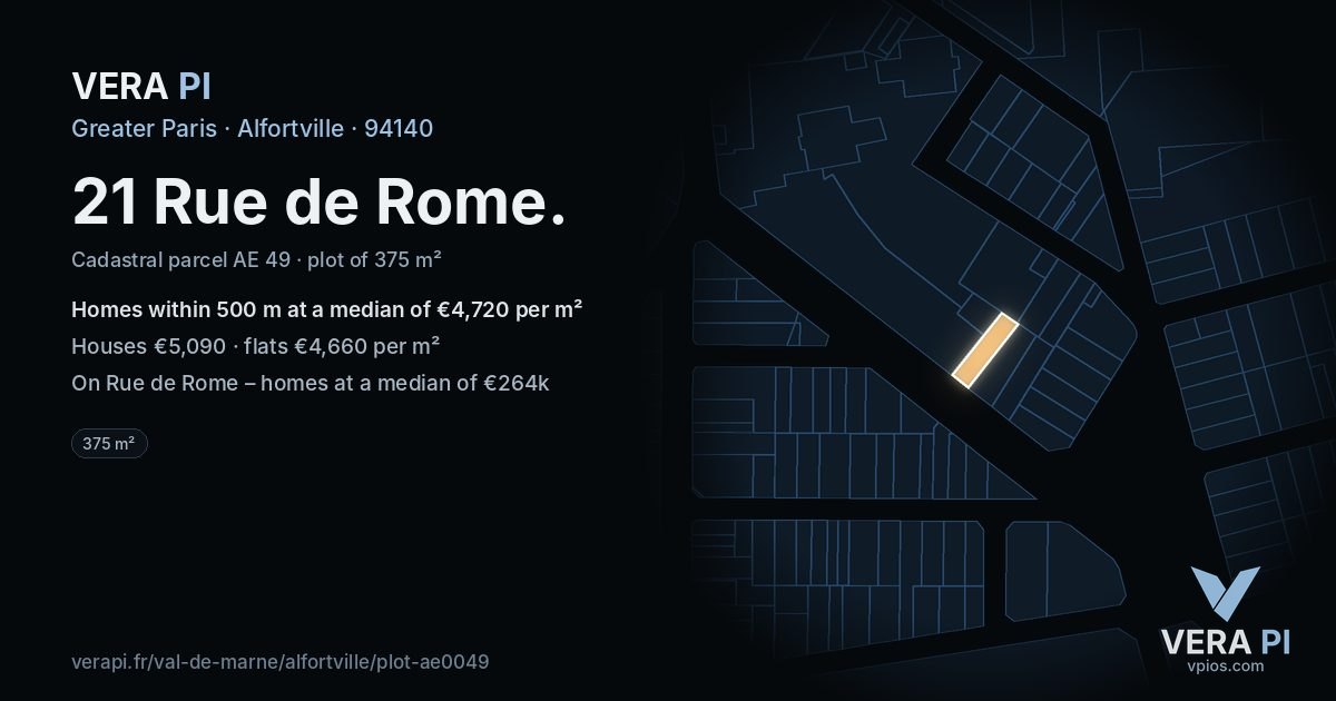 21 Rue de Rome, Alfortville at night – the plot lit, the parcels around coloured by the prices near them