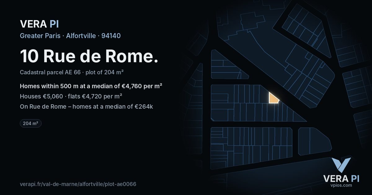 10 Rue de Rome, Alfortville at night – the plot lit, the parcels around coloured by the prices near them