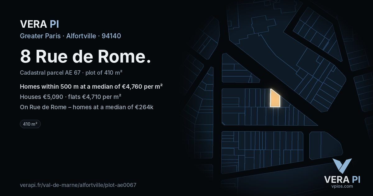 8 Rue de Rome, Alfortville at night – the plot lit, the parcels around coloured by the prices near them