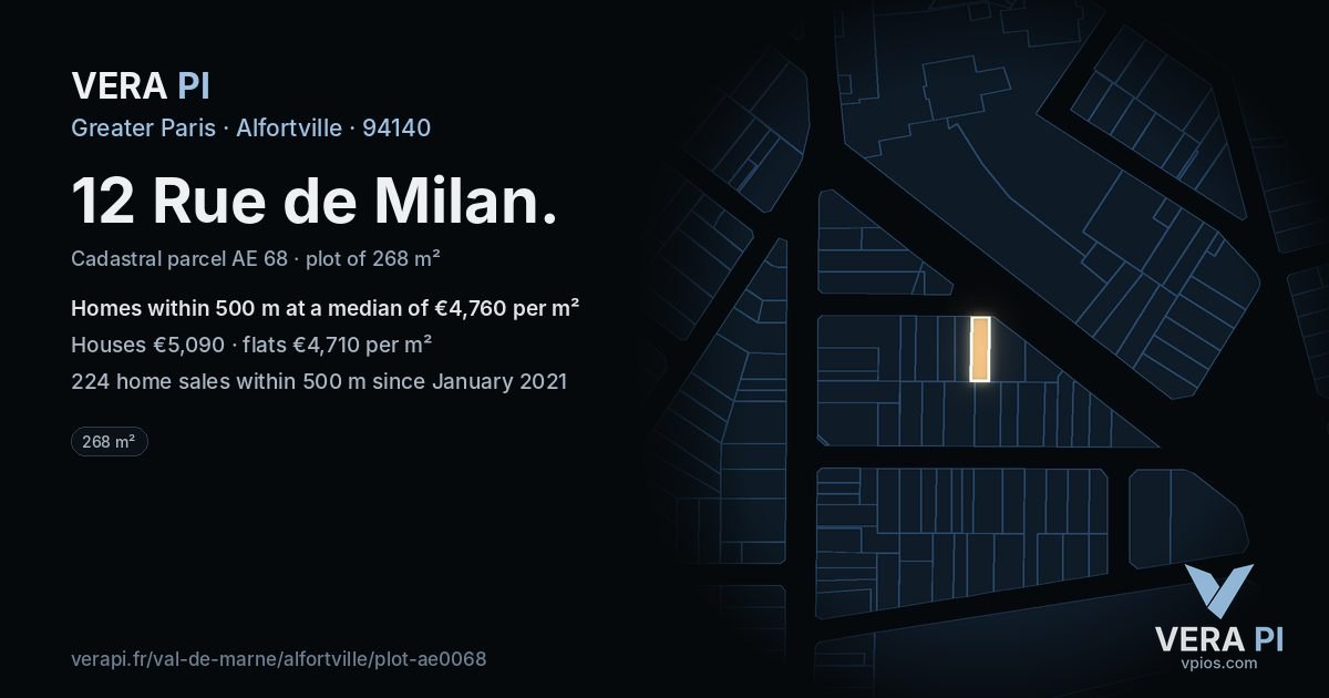 12 Rue de Milan, Alfortville at night – the plot lit, the parcels around coloured by the prices near them