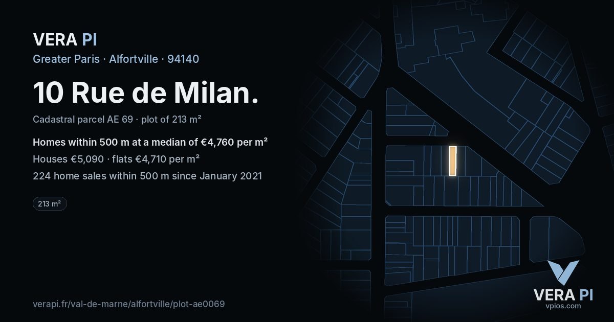 10 Rue de Milan, Alfortville at night – the plot lit, the parcels around coloured by the prices near them