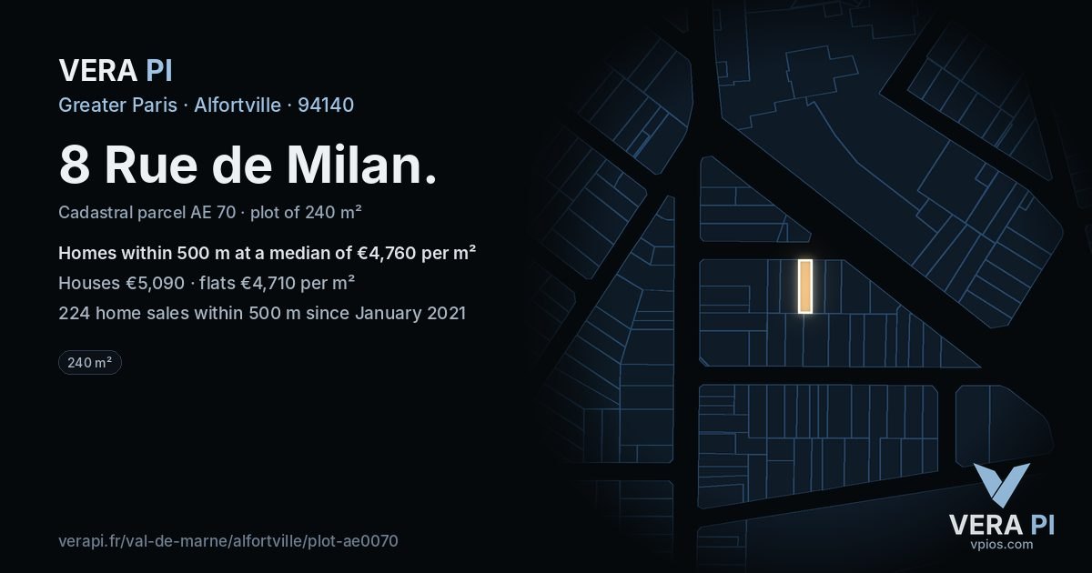 8 Rue de Milan, Alfortville at night – the plot lit, the parcels around coloured by the prices near them