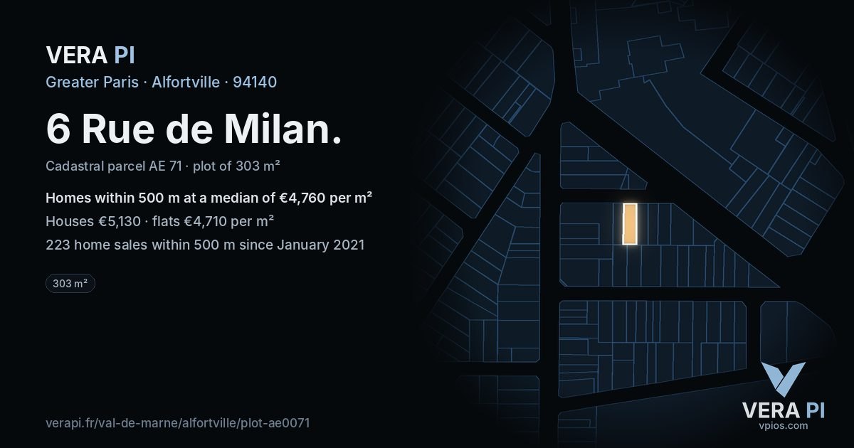 6 Rue de Milan, Alfortville at night – the plot lit, the parcels around coloured by the prices near them