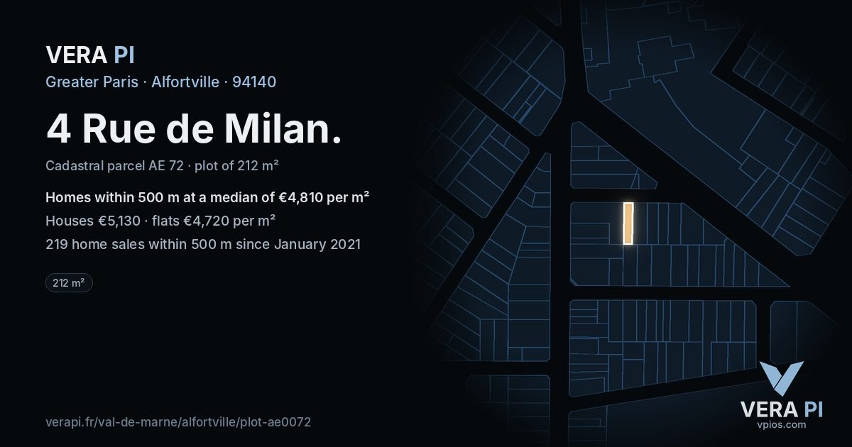 4 Rue de Milan, Alfortville at night – the plot lit, the parcels around coloured by the prices near them