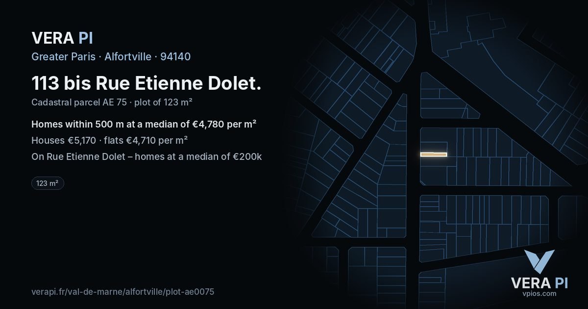 113 bis Rue Etienne Dolet, Alfortville at night – the plot lit, the parcels around coloured by the prices near them