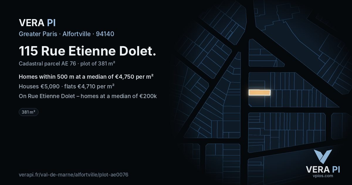 115 Rue Etienne Dolet, Alfortville at night – the plot lit, the parcels around coloured by the prices near them