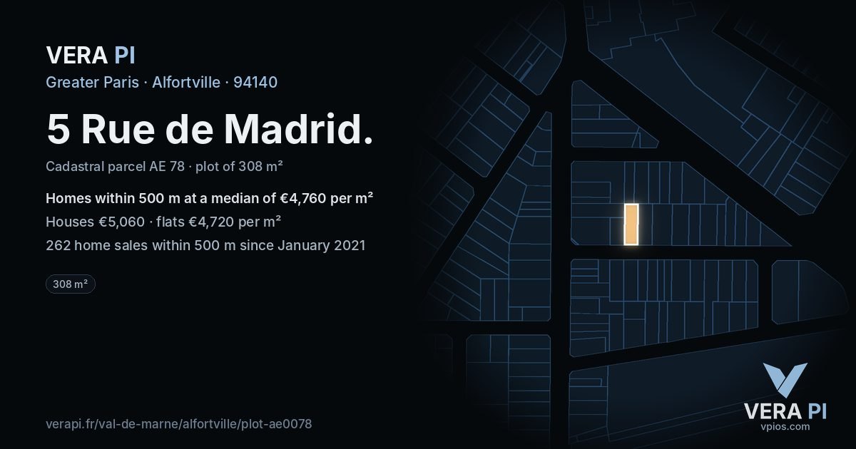 5 Rue de Madrid, Alfortville at night – the plot lit, the parcels around coloured by the prices near them