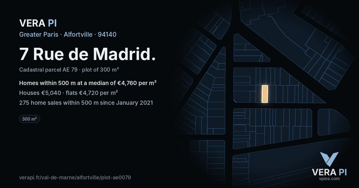 7 Rue de Madrid, Alfortville at night – the plot lit, the parcels around coloured by the prices near them