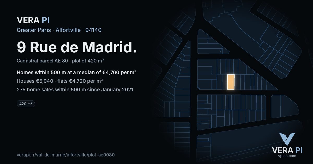 9 Rue de Madrid, Alfortville at night – the plot lit, the parcels around coloured by the prices near them
