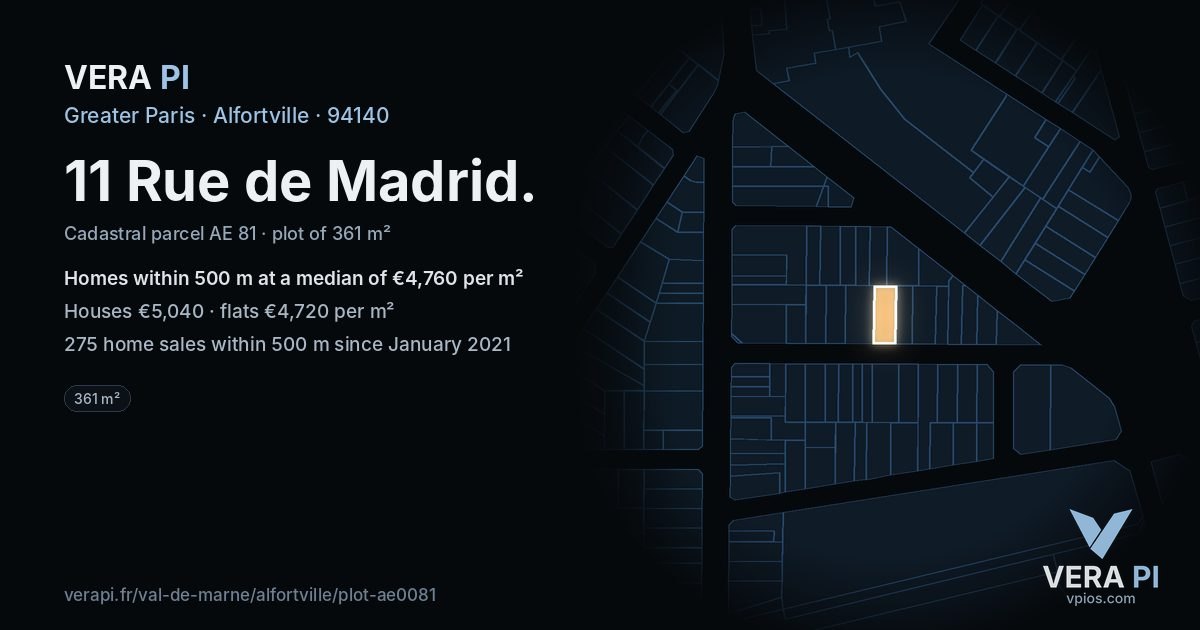 11 Rue de Madrid, Alfortville at night – the plot lit, the parcels around coloured by the prices near them