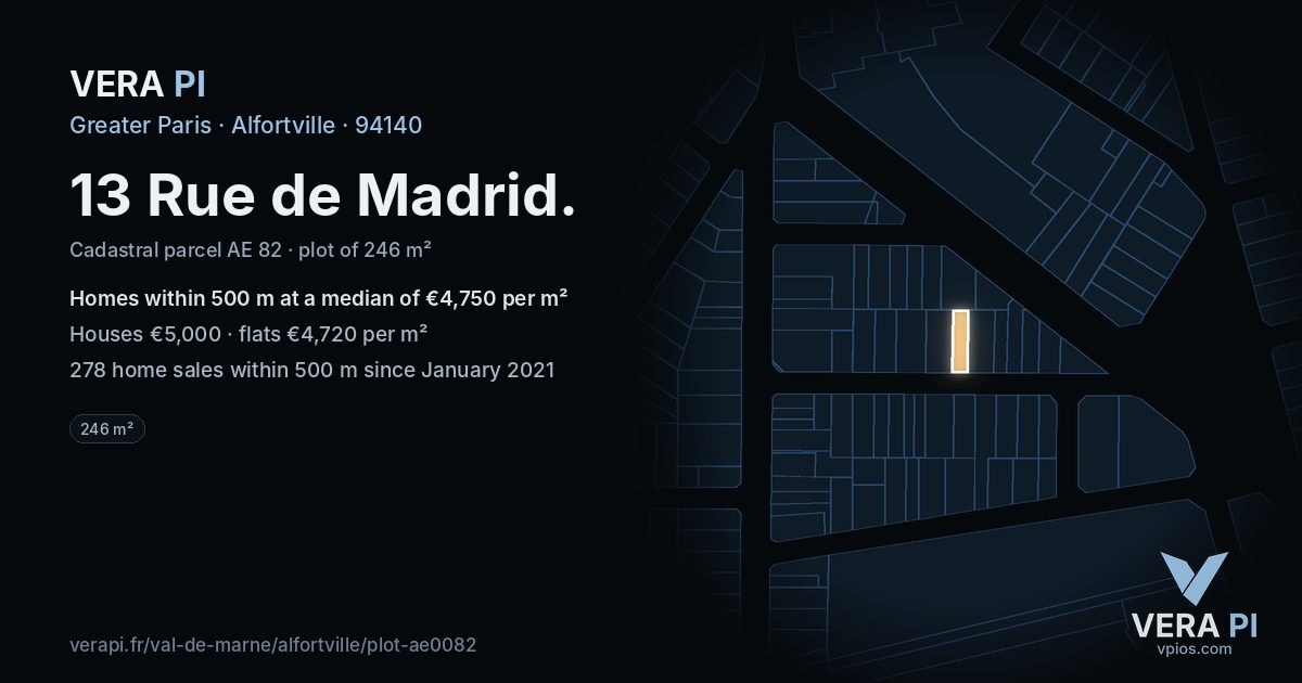 13 Rue de Madrid, Alfortville at night – the plot lit, the parcels around coloured by the prices near them