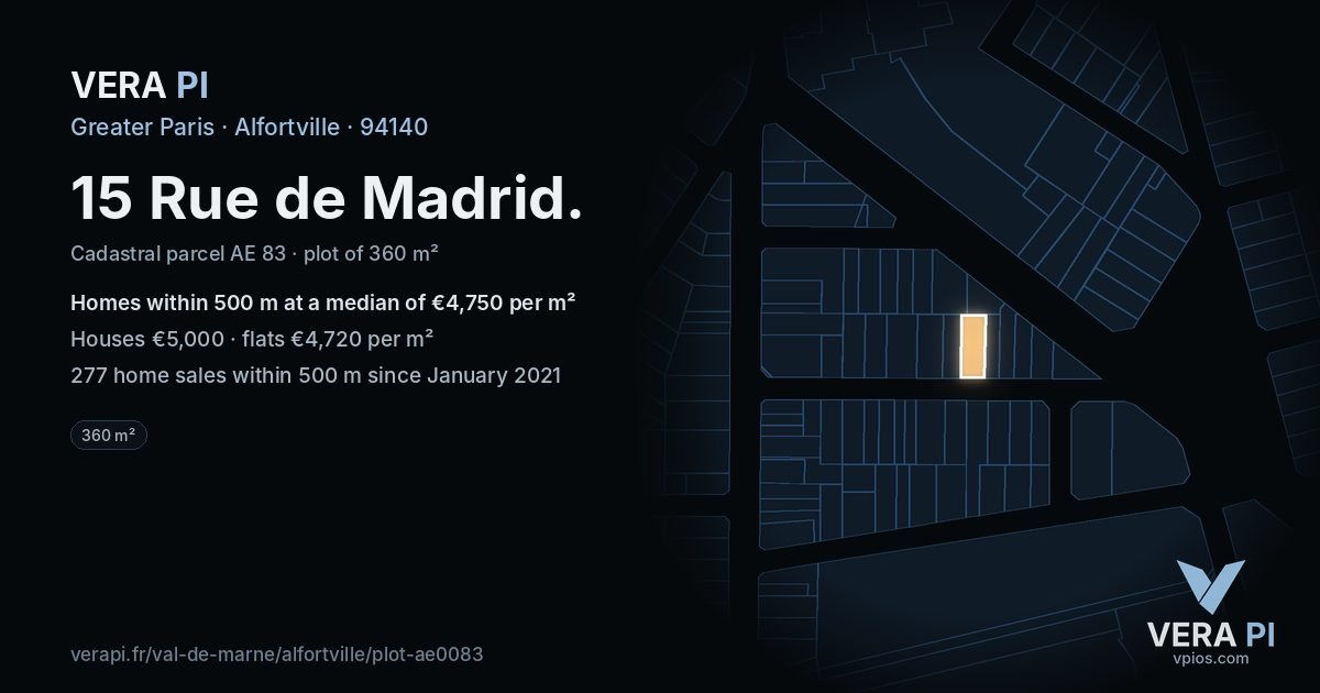 15 Rue de Madrid, Alfortville at night – the plot lit, the parcels around coloured by the prices near them