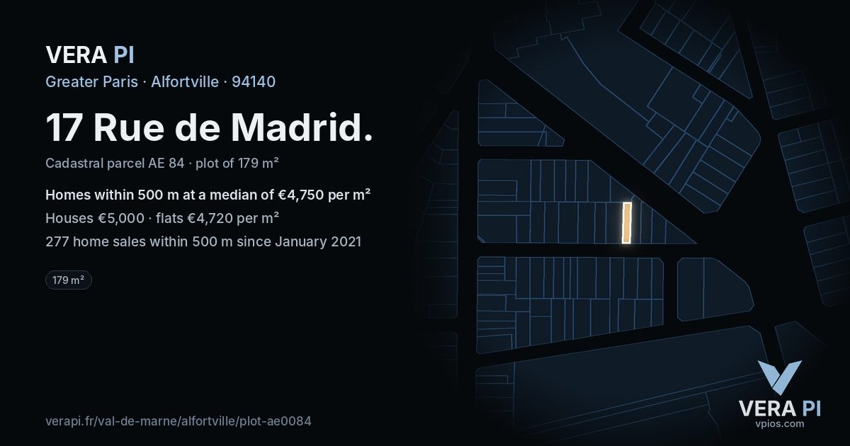 17 Rue de Madrid, Alfortville at night – the plot lit, the parcels around coloured by the prices near them