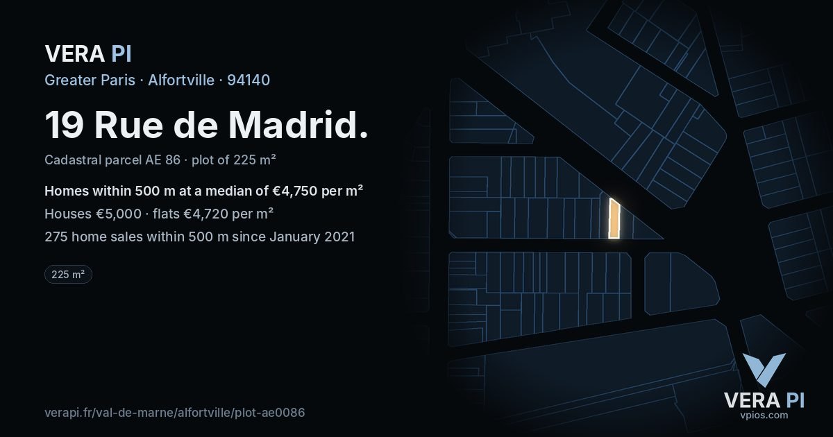 19 Rue de Madrid, Alfortville at night – the plot lit, the parcels around coloured by the prices near them