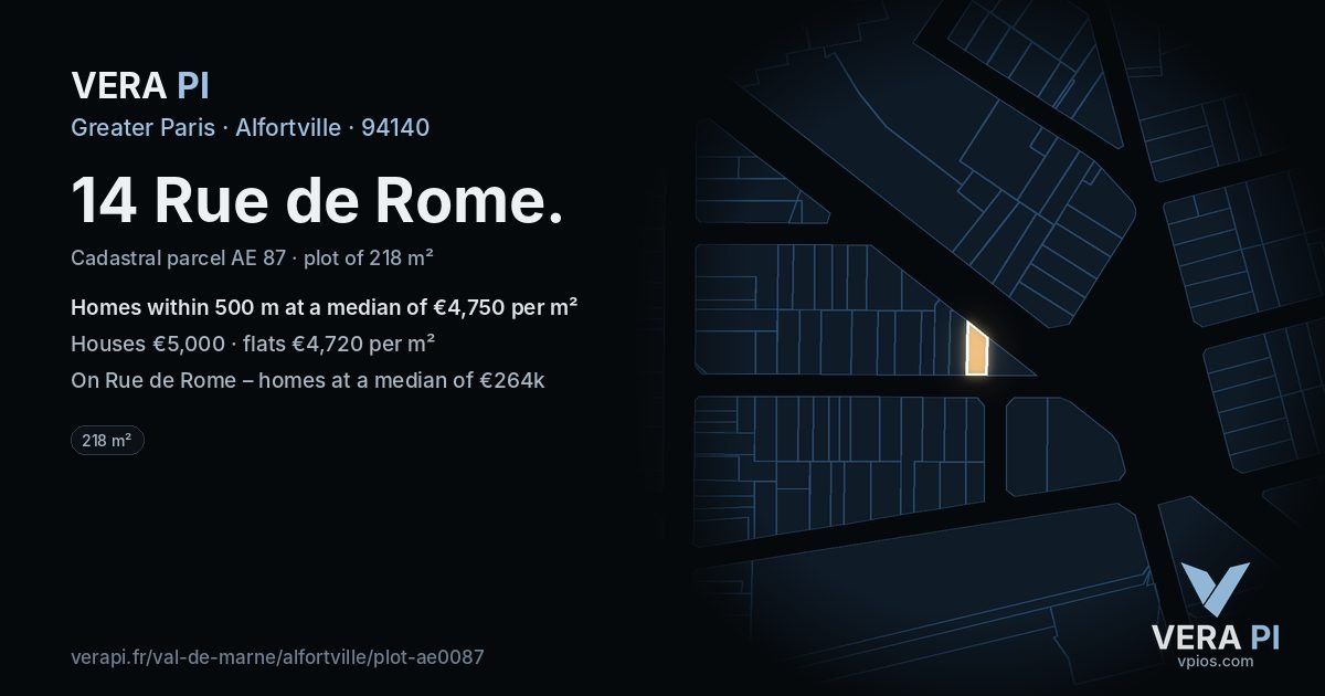 14 Rue de Rome, Alfortville at night – the plot lit, the parcels around coloured by the prices near them