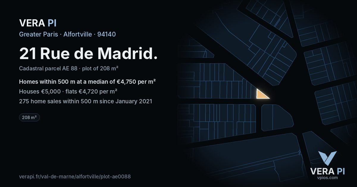 21 Rue de Madrid, Alfortville at night – the plot lit, the parcels around coloured by the prices near them
