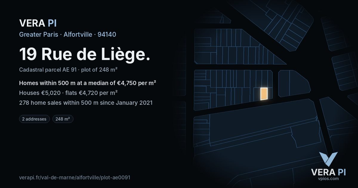 19 Rue de Liège, Alfortville at night – the plot lit, the parcels around coloured by the prices near them