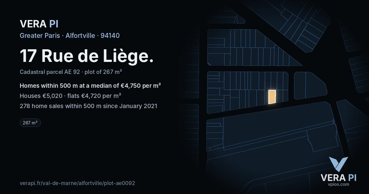 17 Rue de Liège, Alfortville at night – the plot lit, the parcels around coloured by the prices near them