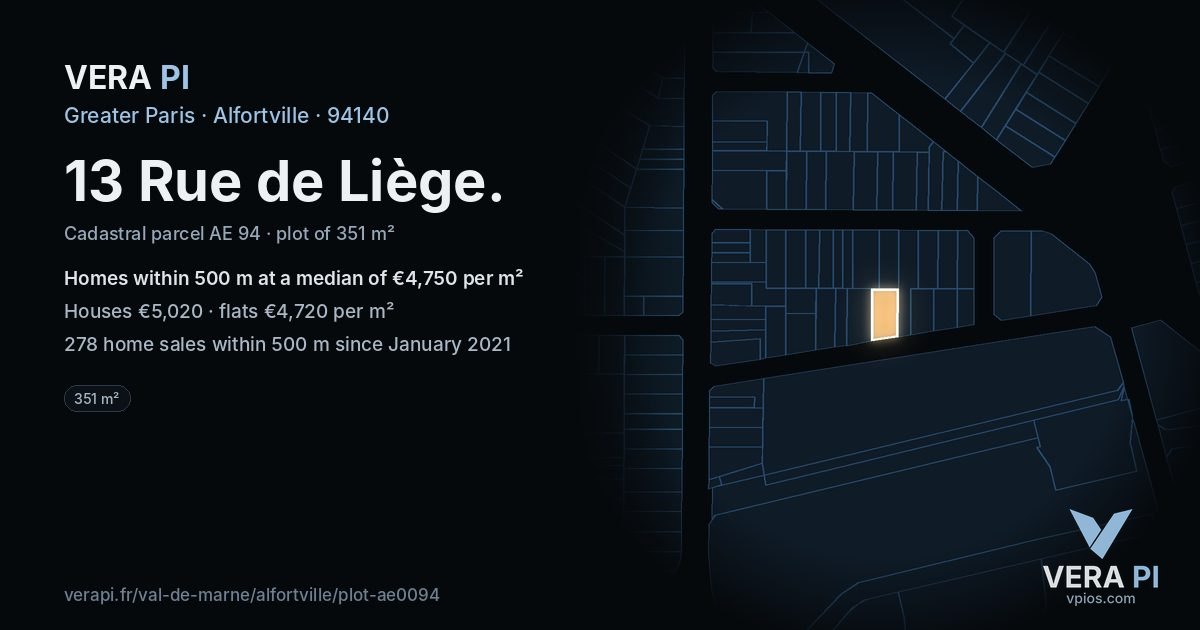 13 Rue de Liège, Alfortville at night – the plot lit, the parcels around coloured by the prices near them