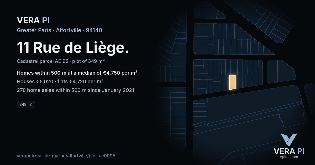 11 Rue de Liège, Alfortville at night – the plot lit, the parcels around coloured by the prices near them