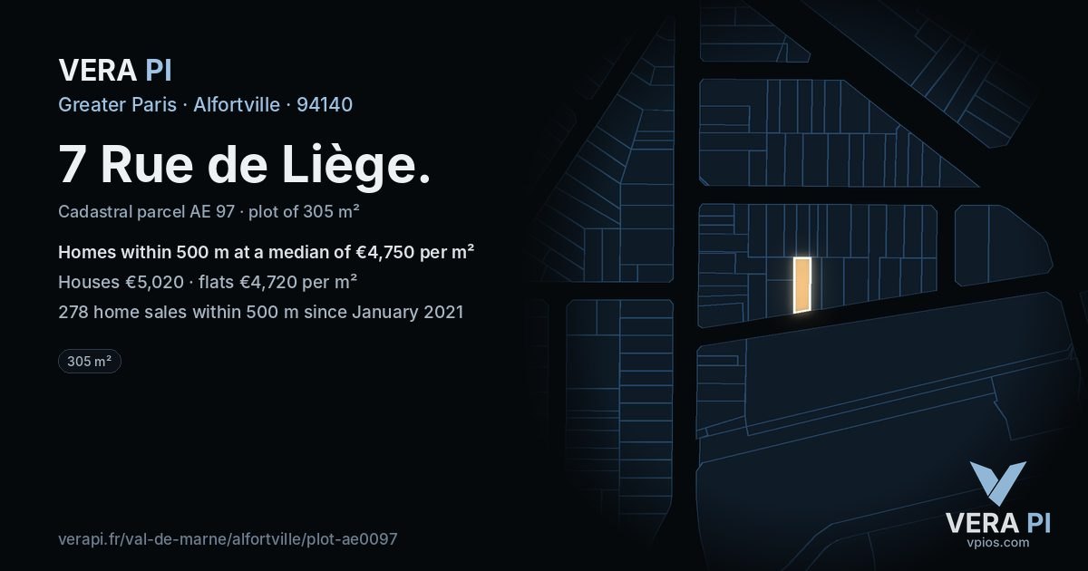 7 Rue de Liège, Alfortville at night – the plot lit, the parcels around coloured by the prices near them