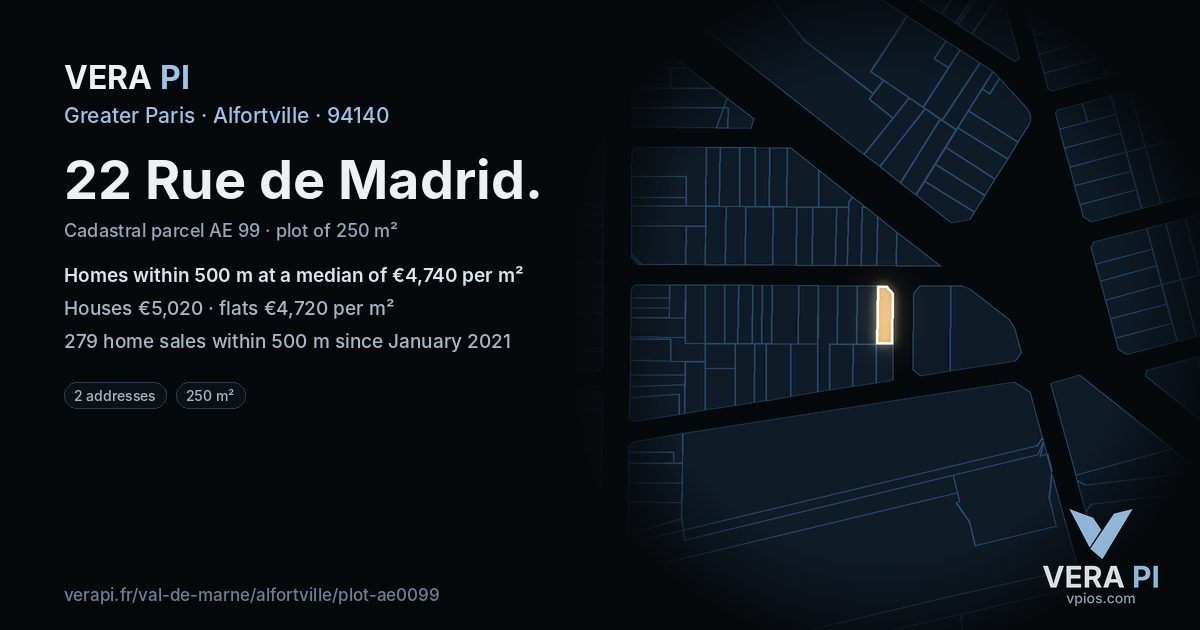 22 Rue de Madrid, Alfortville at night – the plot lit, the parcels around coloured by the prices near them