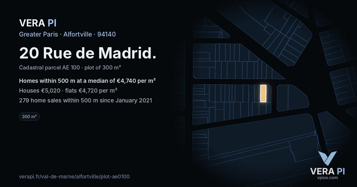 20 Rue de Madrid, Alfortville at night – the plot lit, the parcels around coloured by the prices near them