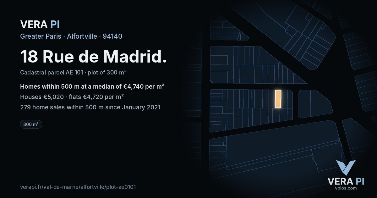 18 Rue de Madrid, Alfortville at night – the plot lit, the parcels around coloured by the prices near them