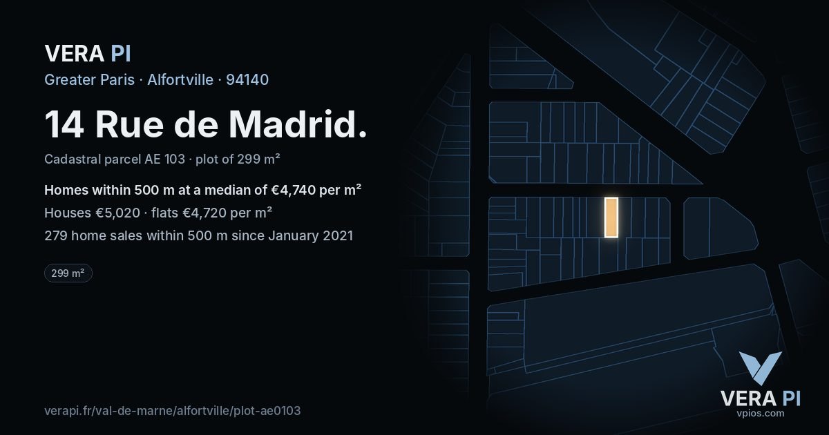 14 Rue de Madrid, Alfortville at night – the plot lit, the parcels around coloured by the prices near them