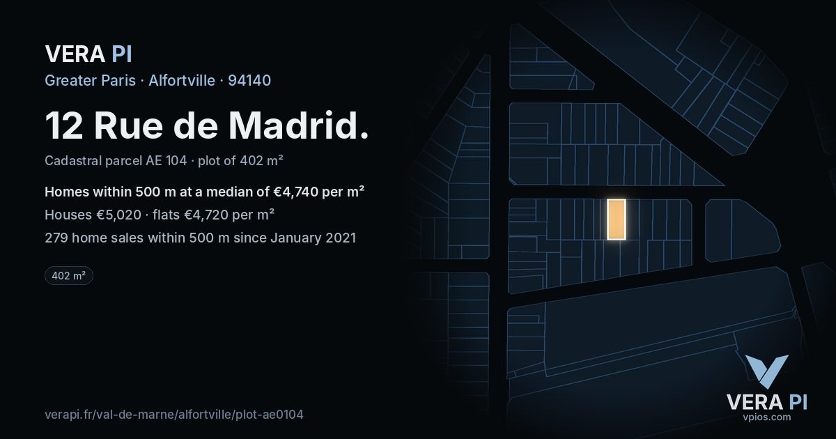 12 Rue de Madrid, Alfortville at night – the plot lit, the parcels around coloured by the prices near them