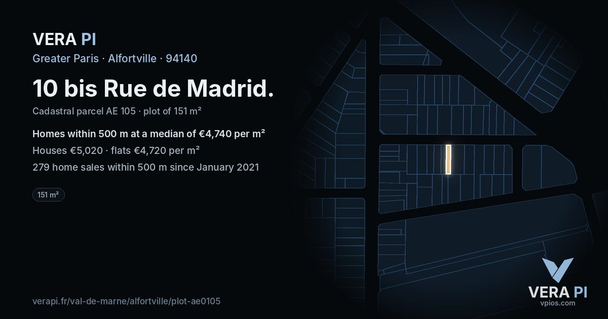10 bis Rue de Madrid, Alfortville at night – the plot lit, the parcels around coloured by the prices near them