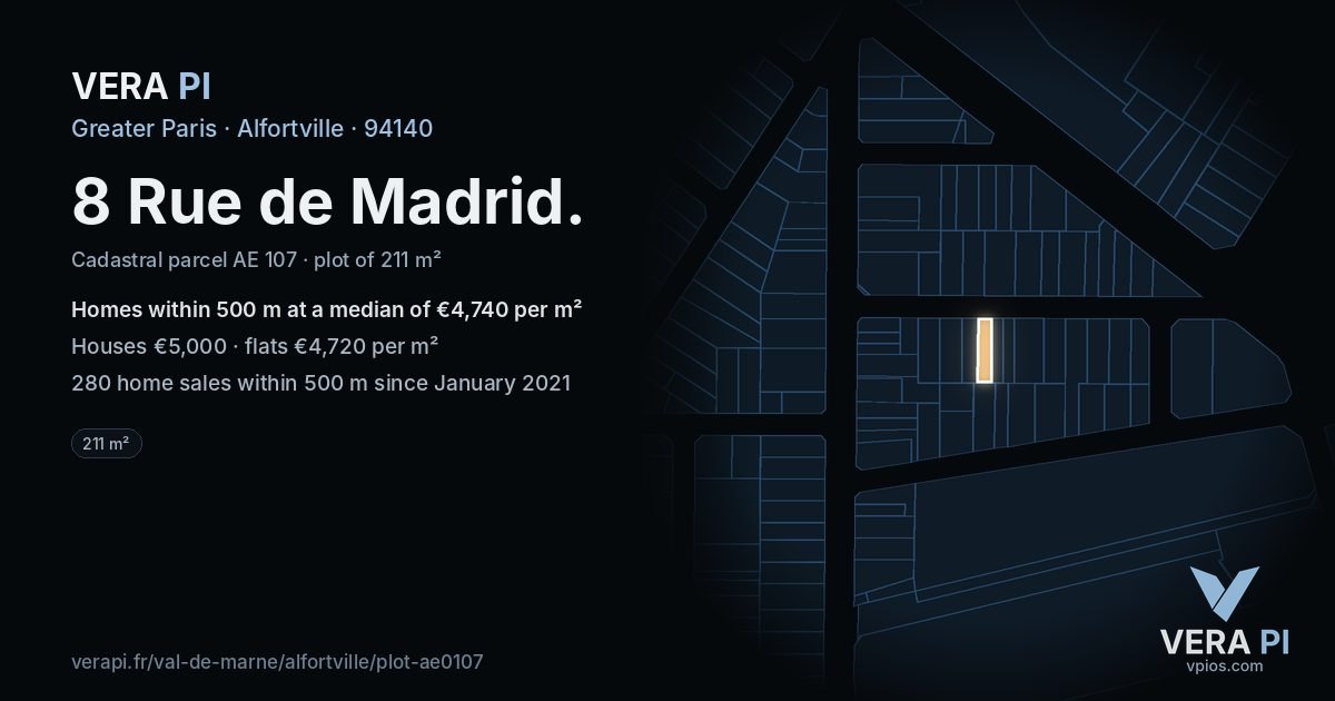 8 Rue de Madrid, Alfortville at night – the plot lit, the parcels around coloured by the prices near them
