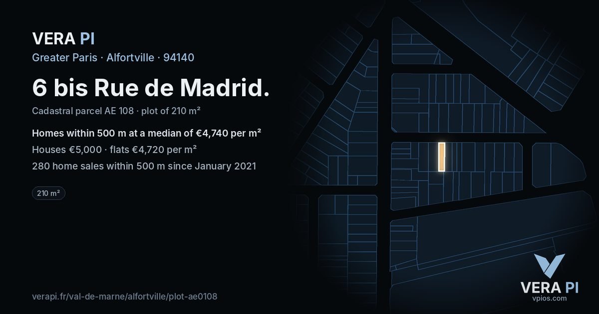 6 bis Rue de Madrid, Alfortville at night – the plot lit, the parcels around coloured by the prices near them