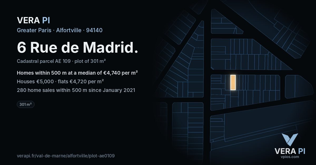 6 Rue de Madrid, Alfortville at night – the plot lit, the parcels around coloured by the prices near them