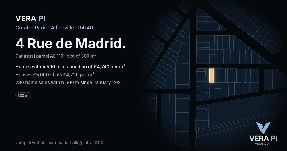 4 Rue de Madrid, Alfortville at night – the plot lit, the parcels around coloured by the prices near them