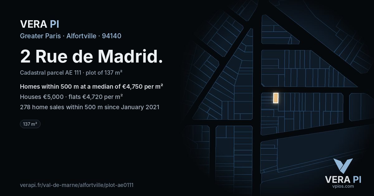 2 Rue de Madrid, Alfortville at night – the plot lit, the parcels around coloured by the prices near them