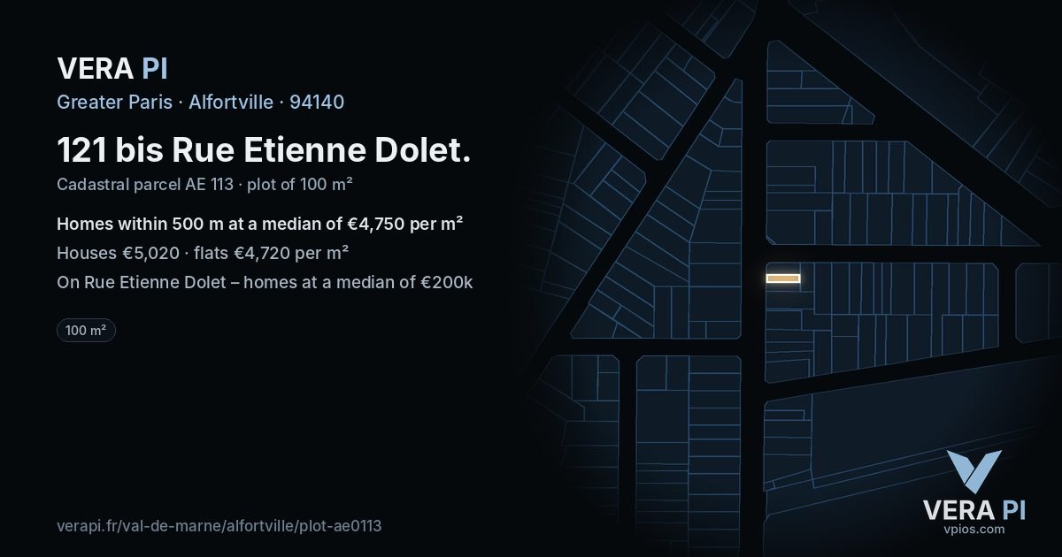 121 bis Rue Etienne Dolet, Alfortville at night – the plot lit, the parcels around coloured by the prices near them