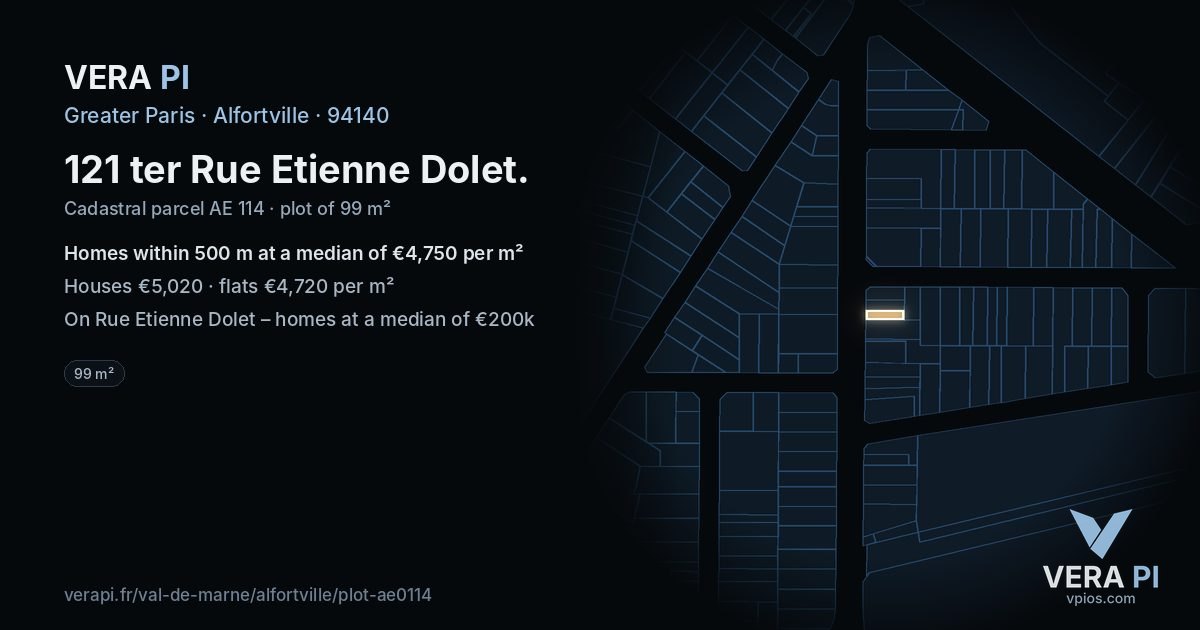 121 ter Rue Etienne Dolet, Alfortville at night – the plot lit, the parcels around coloured by the prices near them