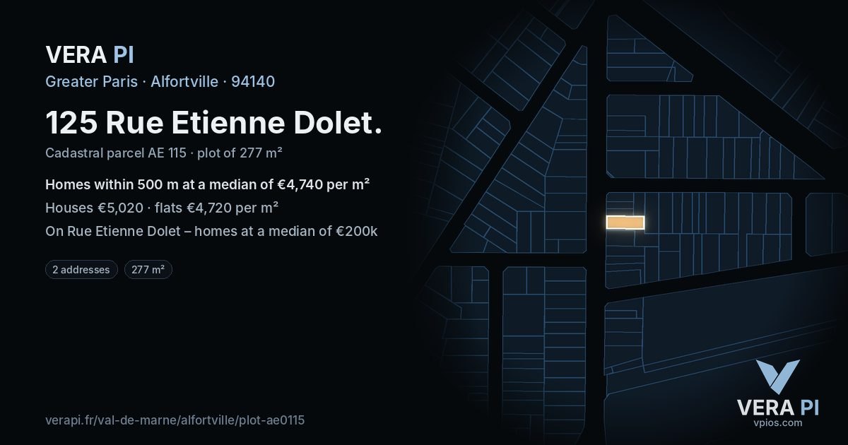 125 Rue Etienne Dolet, Alfortville at night – the plot lit, the parcels around coloured by the prices near them